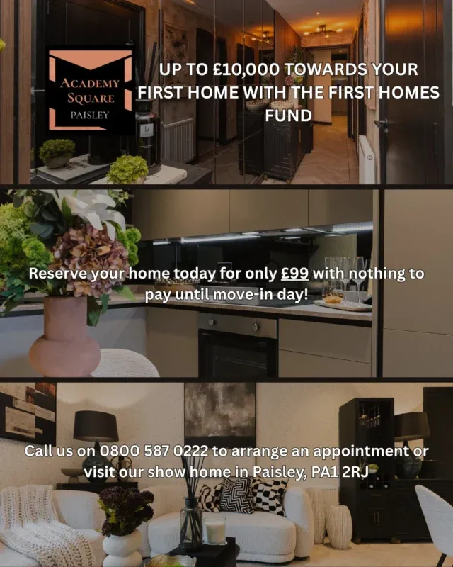 🏡 Your new home in Paisley is waiting! ✨Ready to make your move? With just £99 to secure your new home, there’s never been a better time to take that first step. 🔑📍 PA1 2RJ
💷 Reserve from just £99
🏠 Ask our team about the Government's First Homes Fund
T&C'S apply, please ask our sales advisor for more informationGet in touch today!#WestpointHomes #Paisley #NewHomes #Scotland #NewBuild